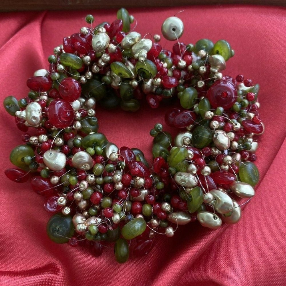 VTG Unusual  Red Green Gold‎ Beads Stretch Bracelet